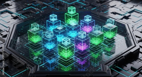 Futuristic Blockchain Network with Glowing Data Blocks on a Circuit Board.