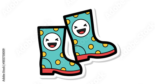 Cute cartoon rain boots with happy faces and polka dots, perfect for rainy weather fun.