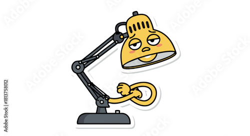 Cute cartoon desk lamp with a tired expression and bent arm, looking sleepy and exhausted.