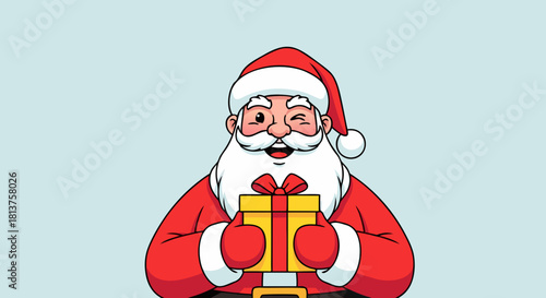 Cartoon illustration of Santa Claus winking and holding a yellow gift box with a red ribbon, ready for Christmas.