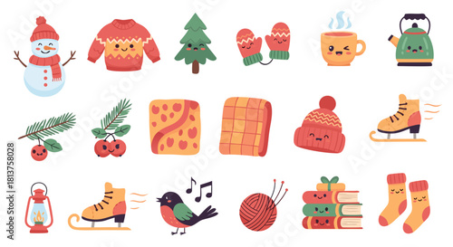 A collection of adorable cartoon winter and Christmas themed items including a snowman, festive sweater, pine tree, warm accessories, and cozy objects.
