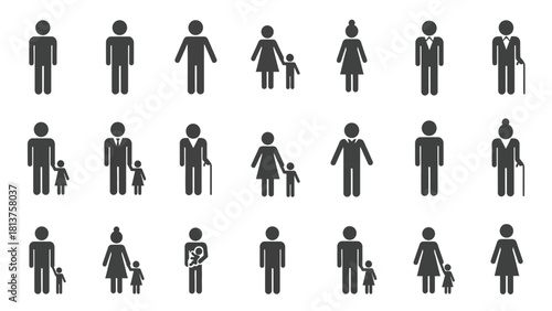 People and Family Icons Set. Human Symbols Collection. Demographics, Gender, Age and Parent Child Silhouettes