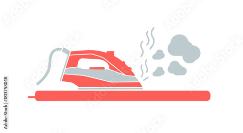 Graphic illustration of a red and grey steam iron on an ironing board with steam rising.