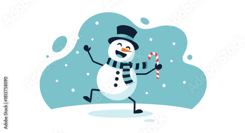 A cheerful snowman wearing a top hat and striped scarf, holding a candy cane in a snowy winter scene with falling snowflakes.