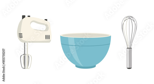 Kitchen baking tools set including an electric hand mixer, a blue mixing bowl, and a metal whisk on a white background.