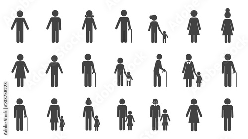 Set of Human Pictograms Vector Illustration: Family, Gender, Age, and Elderly Stick Figures Icons