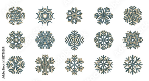 A collection of fifteen intricate, symmetrical snowflake-like patterns or geometric mandalas in muted blue-grey and beige tones, arranged on a white background.