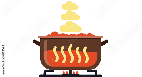 A brown cooking pot with red liquid boiling on a stove, emitting steam and vapor.