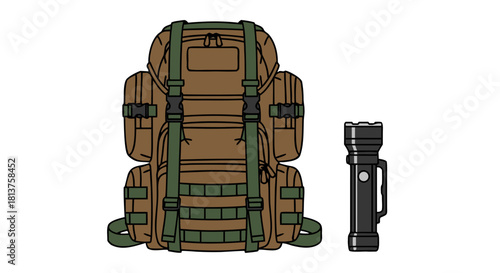 A brown and green tactical backpack stands next to a black, heavy-duty flashlight, ready for outdoor adventures or emergency preparedness.