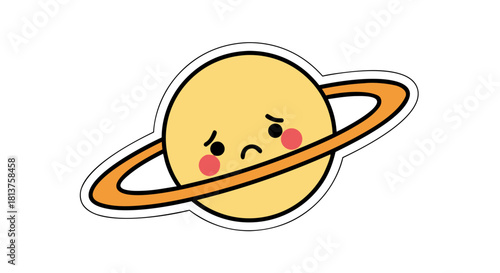 A cute cartoon illustration of the planet Saturn with a sad expression and orange rings, isolated on a white background.