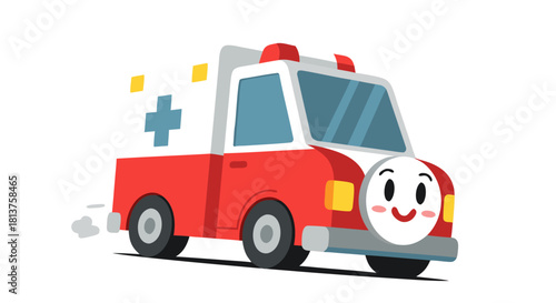A cheerful cartoon red and white ambulance with a friendly face and emergency cross symbol.