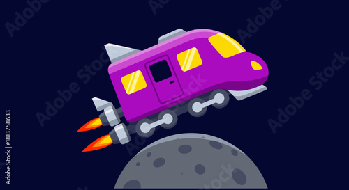 A vibrant purple space train with rocket boosters flying over a grey moon in the dark expanse of space.