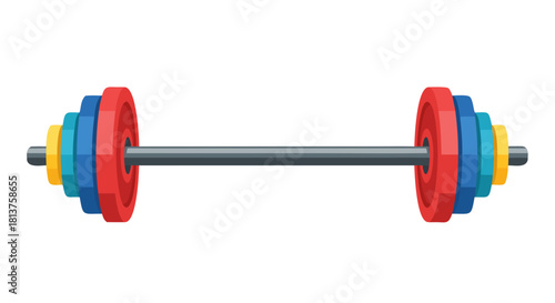 A cartoon-style illustration of a barbell with colorful weight plates on a white background, ready for a workout.