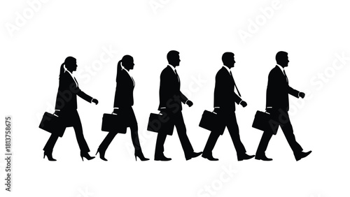Business People Silhouettes Walking in a Row Holding Briefcases - Corporate Team Commuting Vector Illustration
