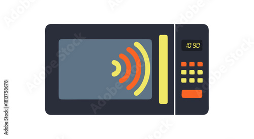 A flat design illustration of a dark grey microwave oven with a yellow handle and control panel, showing orange and yellow radiating waves on its door.