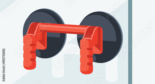 Red double suction cup lifter tool gripping a smooth white surface, used for handling glass or tiles.