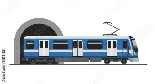 A blue subway train with a pantograph emerging from a dark tunnel entrance, depicted in a clean vector illustration on a white background.