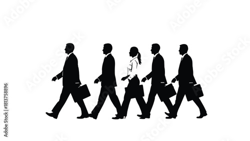 Business People Silhouettes Walking Forward in a Row, Including Businesswoman, Vector Illustration on White Background