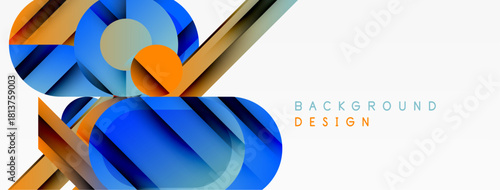 Abstract geometric shapes overlap. Blue, orange, gold tones create dynamic composition. Clean design suitable for backgrounds.