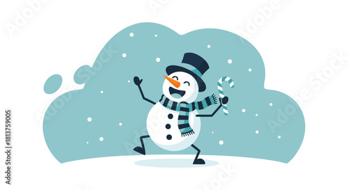 A cheerful cartoon snowman wearing a top hat and striped scarf, holding a candy cane in a snowy winter scene with falling snow.