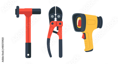 A collection of various tools including a red hammer, bolt cutters, and a yellow thermal imaging camera on a white background.