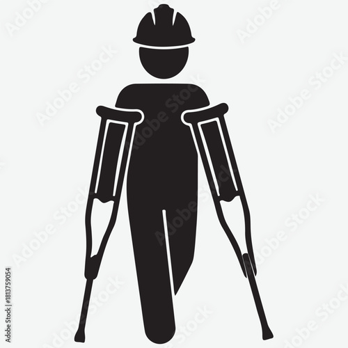 Icon of a person in a hard hat using crutches on a white background