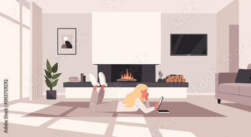A blonde woman relaxing on the floor with a laptop in a cozy living room with a fireplace and sunlight.