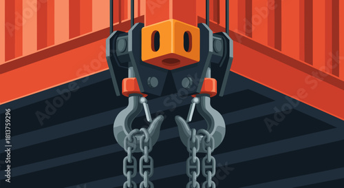 Close-up illustration of a heavy-duty industrial crane hook block with two hooks and chains, against a background of orange and dark grey structures.