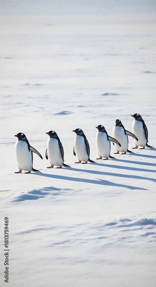 Obraz premium Group of gentoo penguins marching in snowy Antarctica