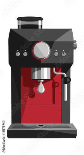 Modern black and red espresso coffee machine with portafilter, illustrated in a flat vector style on a white background.