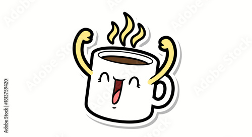 A cute cartoon sticker of a happy, steaming coffee mug flexing its arms in celebration.