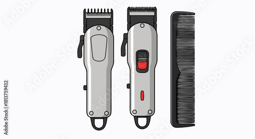 Vector illustration of professional barber tools including electric hair clippers and a comb.