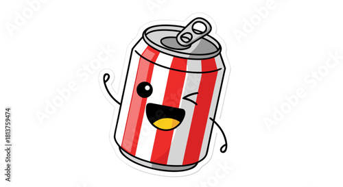 A cute cartoon soda can with red and white stripes, winking and waving happily on an isolated white background.