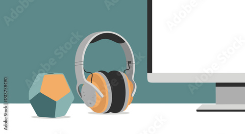 Modern workspace illustration with over-ear headphones, a computer monitor, and a geometric desk accessory.