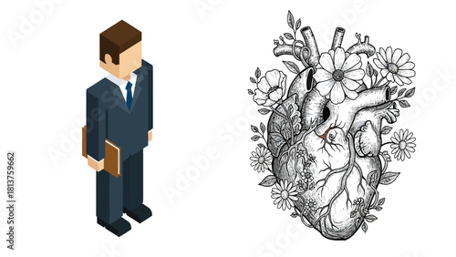 Isometric Corporate Businessman and Detailed Anatomical Human Heart with Floral Elements Vector Illustration Set
