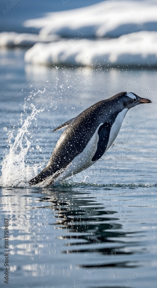 Obraz premium Gentoo penguin leaping from water at Antarctica