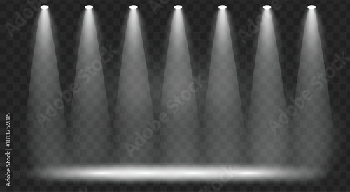 Row of bright spotlight beams shining down onto a stage or floor against a dark transparent background for event lighting effect