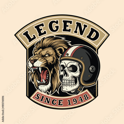 Bold vintage emblem of a roaring lion with skull and helmet, a timeless design for edgy brands and rebellious spirits since 1948, perfect for apparel