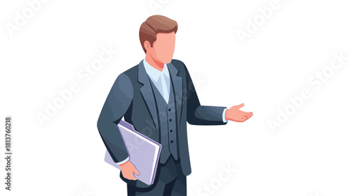 Professional Businessman in Suit Presenting or Welcoming with Folder Isometric Vector Illustration