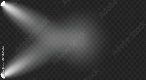 Two bright spotlights shining diagonally from the bottom left corner onto a transparent dark background creating a dramatic effect