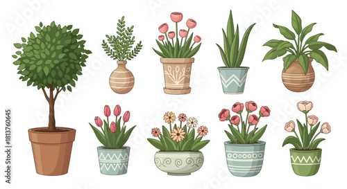 A charming vector set of various indoor houseplants and blooming flowers in decorative pots, isolated for home gardening and interior decor
