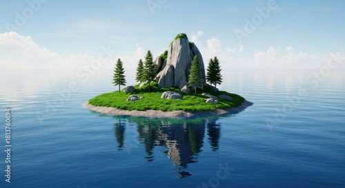 Small Green Island with Rocks and Trees in the Middle of a Calm Blue Ocean.