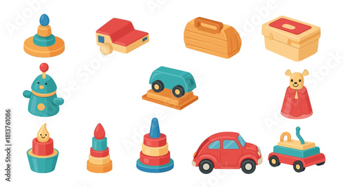 A vibrant and colorful collection of classic children's toys for playtime. Vector set with a car, pyramid, and other playthings