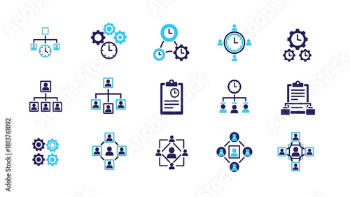 Project Management, Business Organization, and Time Efficiency Icons Set. Hierarchy, Planning, and Team Structure Symbols Vector Illustration