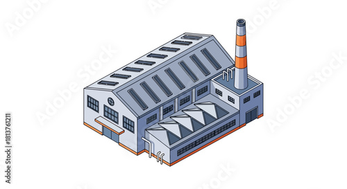 Isometric view of a factory building with a smokestack, a graphic illustration