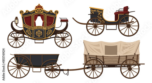 Vintage transport collection of horse-drawn carriages. An assortment of antique coach, buggy, and covered wagon vector illustrations