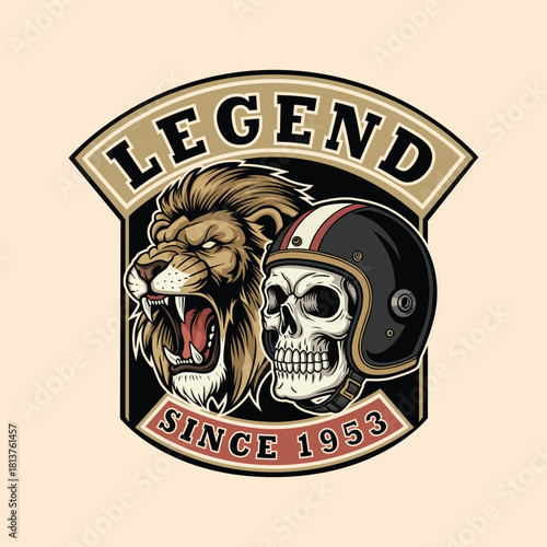 Bold legend vintage emblem featuring a roaring lion and a skull wearing a motorcycle helmet, perfect for edgy designs with retro appeal since 1953