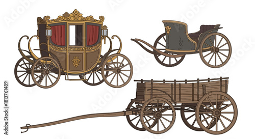 Selection of assorted old horse-drawn carriages and wagons illustrations