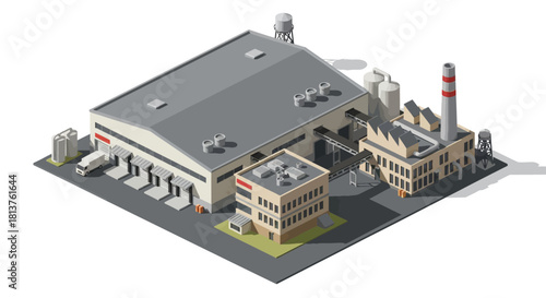 Isometric industrial factory complex with warehouse, manufacturing plant, and modern production facilities layout