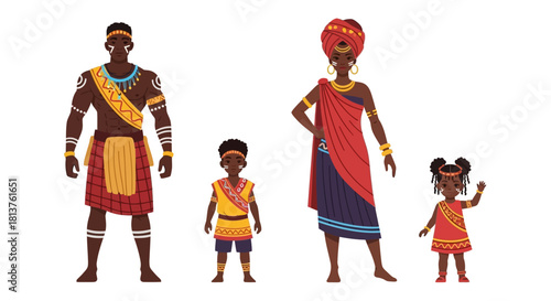 Vector illustration of a Black family in traditional African tribal attire, including parents, a son, and a daughter